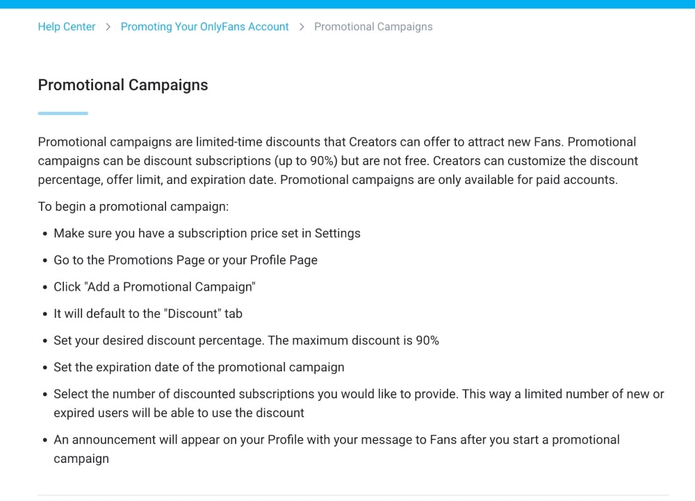 screenshot of OnlyFans promotional campaigns for subscriptions