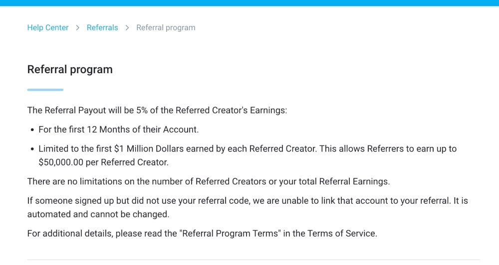 screenshot of OnlyFans referral program rules
