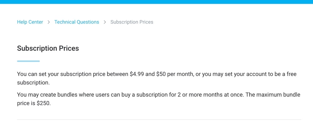 screenshot of OnlyFans subscription fee pricing information
