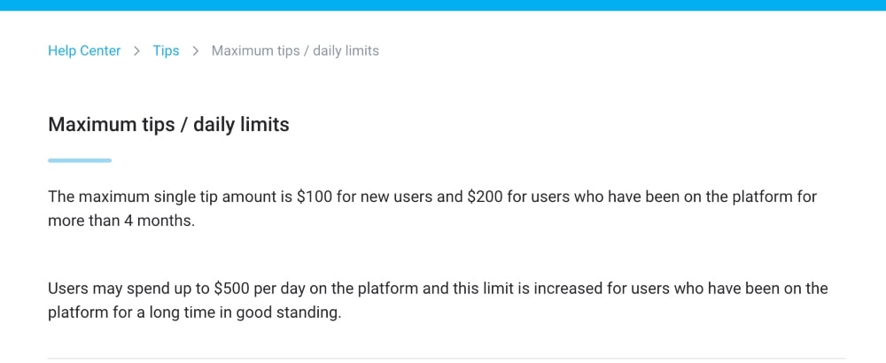 screenshot of OnlyFans tip limits