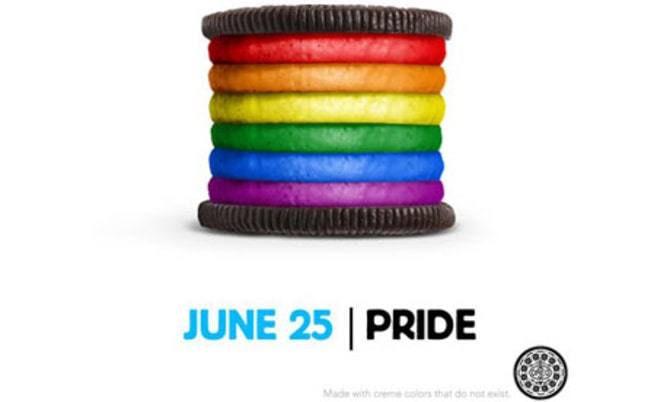Oreo with pride-colored creme filling as part of the Oreo Twist ad