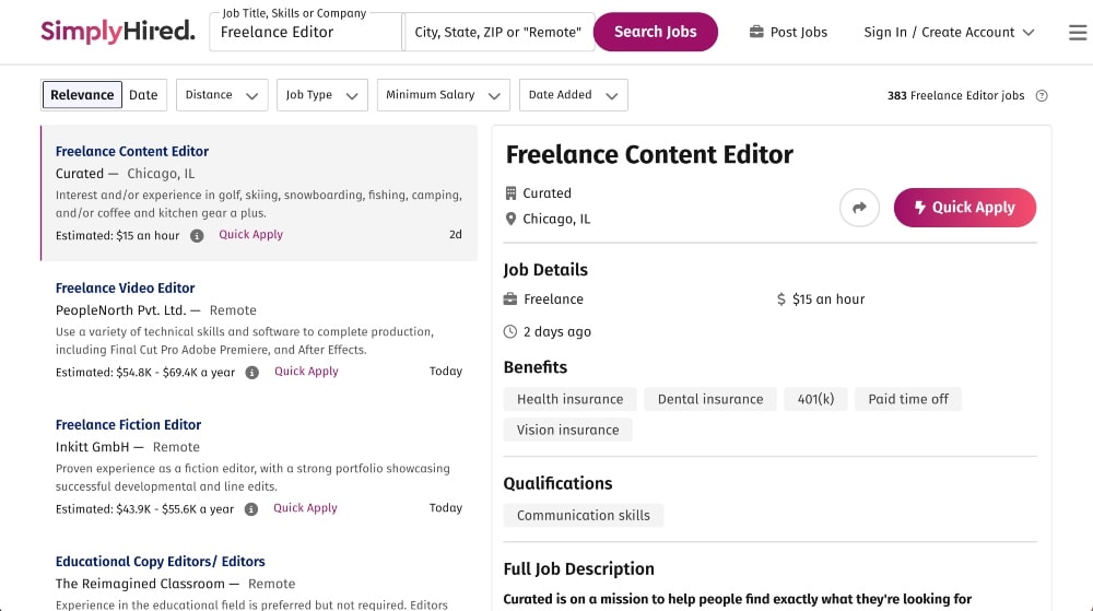 screenshot of Simply Hired freelance editor jobs