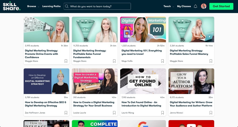 screenshot of Skillshare marketing course search results