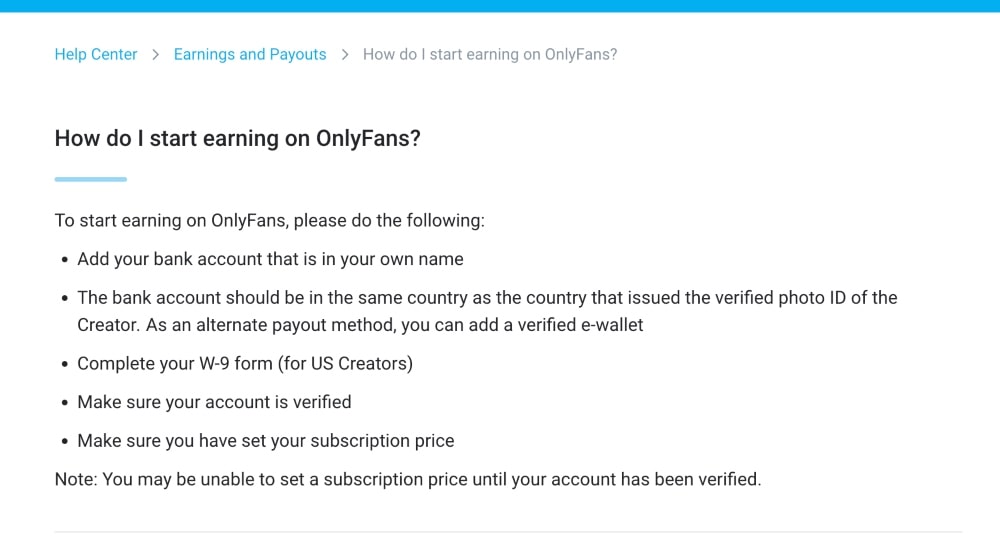 Screenshot of info on how to start making money on OnlyFans