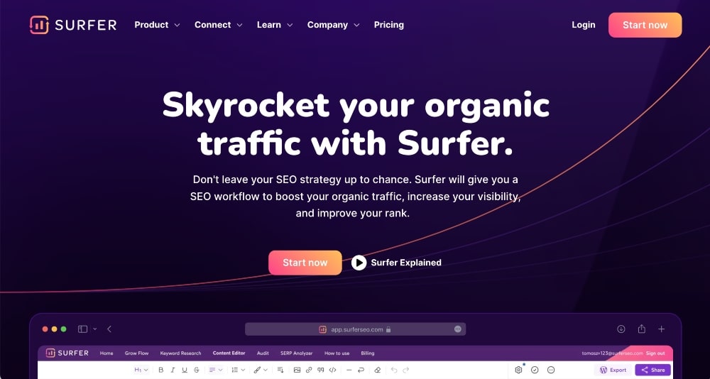 screenshot of SurferSEO website