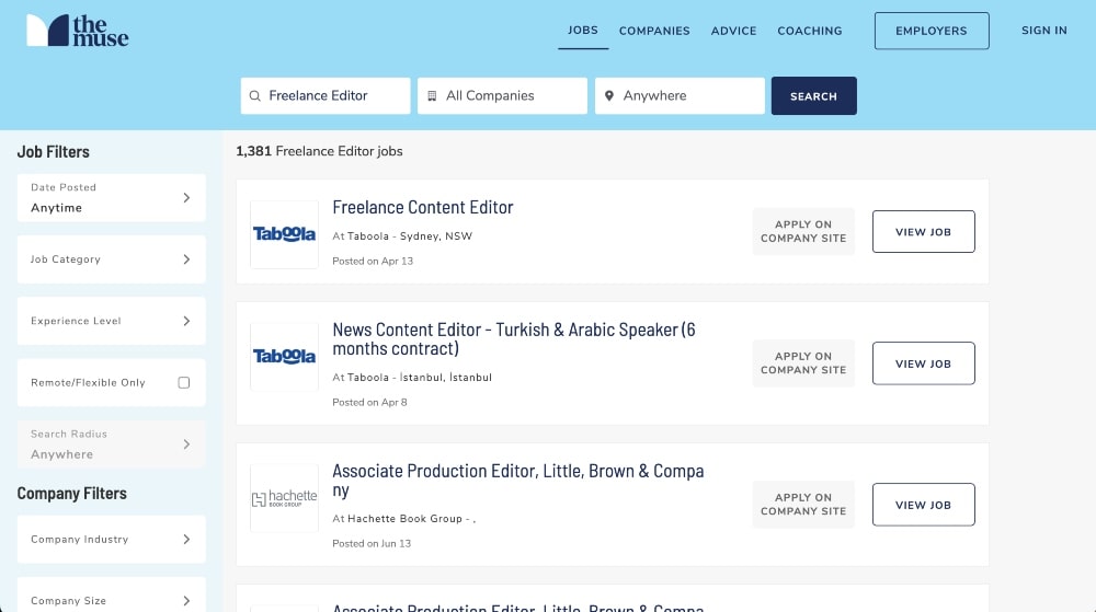 screenshot of The Muse online editing jobs