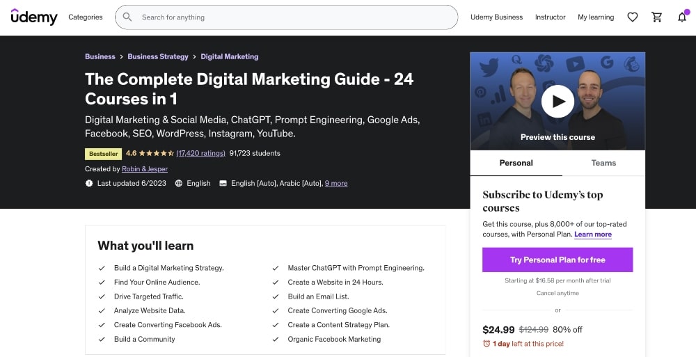 screenshot of Udemy Complete Digital Marketing Guide course page
