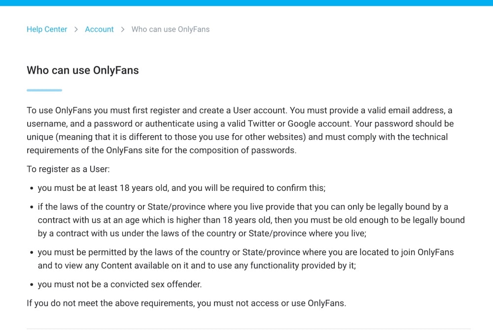 screenshot of who can create OnlyFans accounts