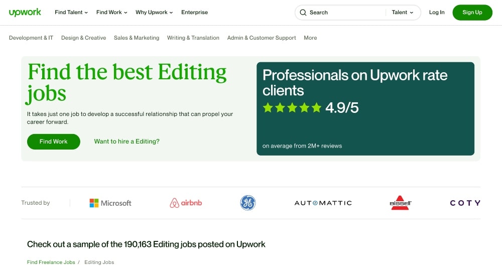 screenshot of online editing jobs at Upwork