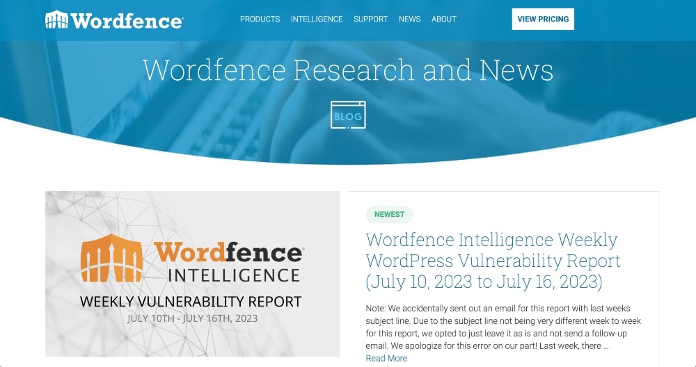 screenshot of the Wordfence blog