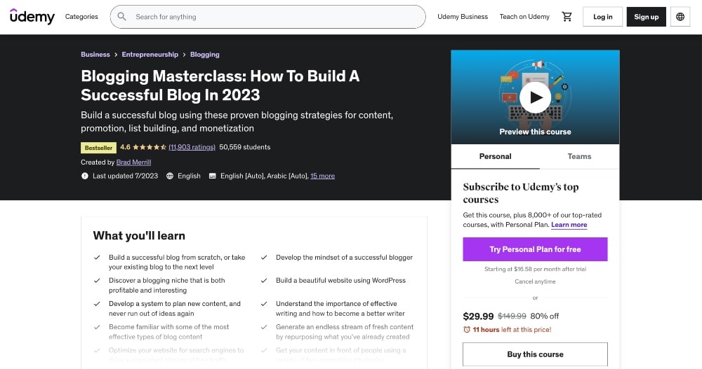 Blogging Masterclass course screenshot