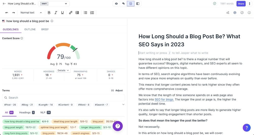 screemshot of Jasper AI Surfer SEO integration feature