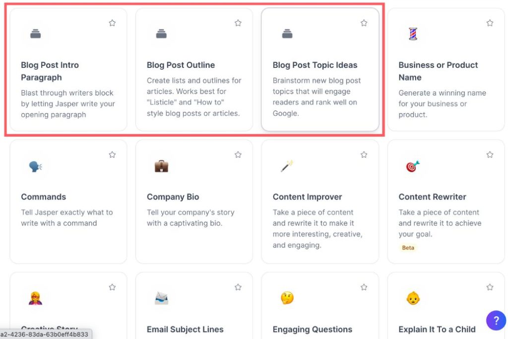 screenshot of Jasper AI blog post templates