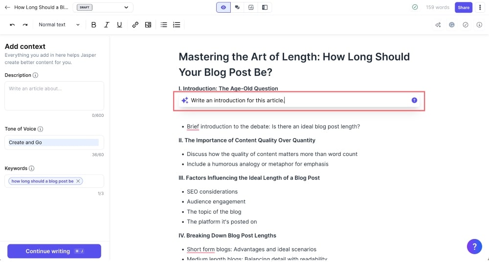 screenshot of Jasper AI writing prompt in documents