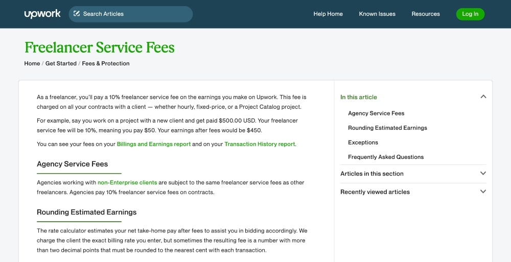 screenshot of the Upwork Freelancer service fees