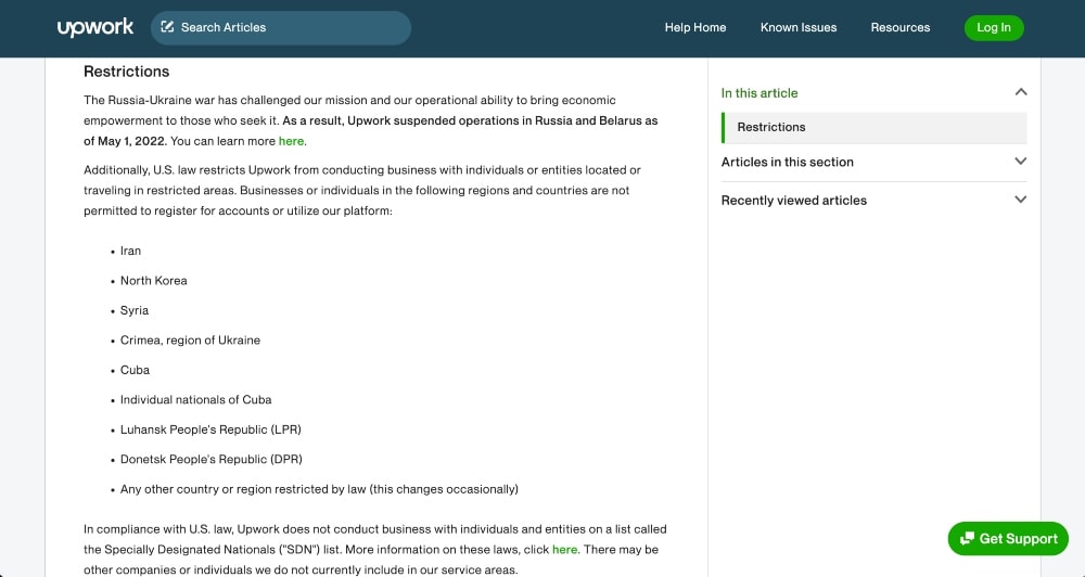 screenshot of Upwork country restrictions