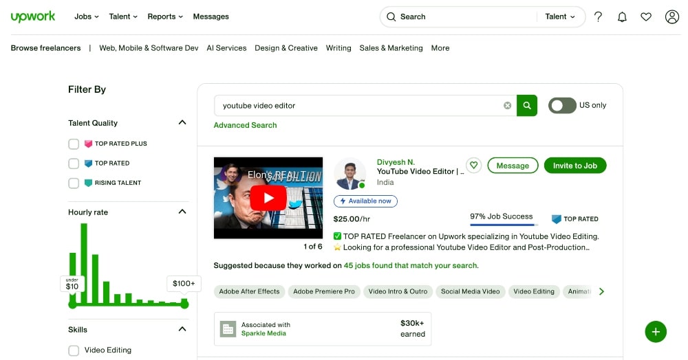 screenshot of Upwork video editor listings