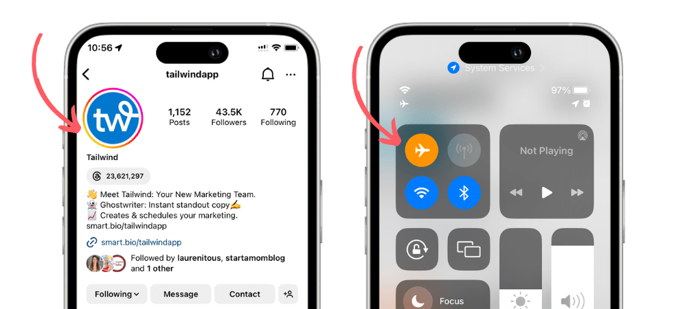 view IG stories in airplane mode instructions with a screenshot