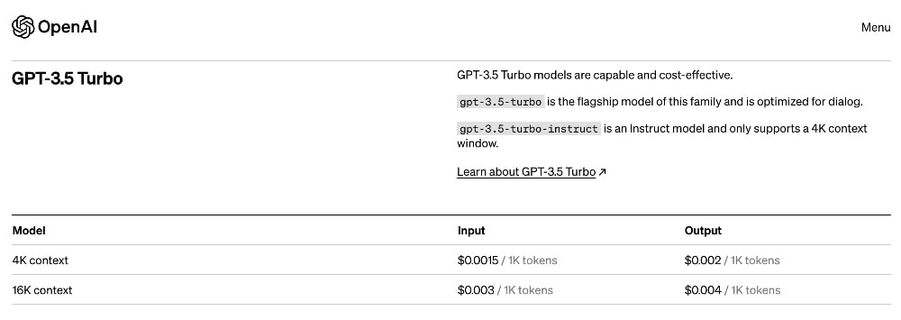 OpenAI Playground GPT 3.5 Turbo prices