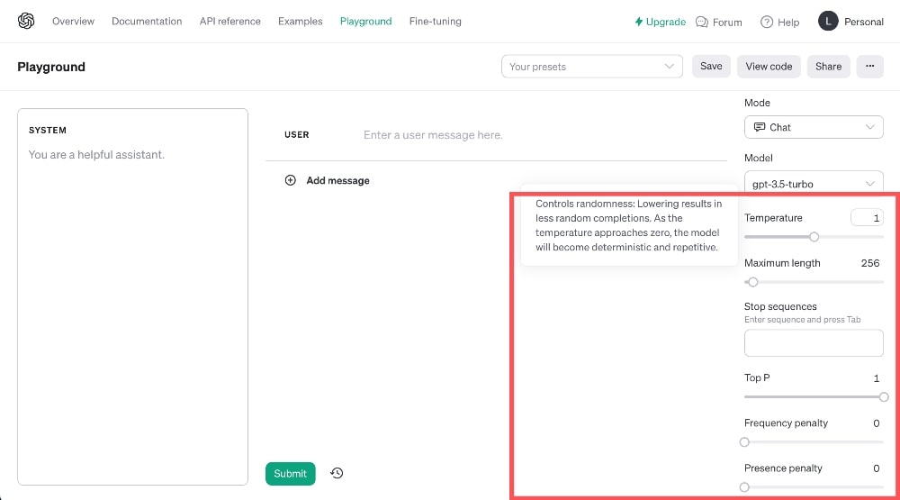OpenAI Playground Parameters