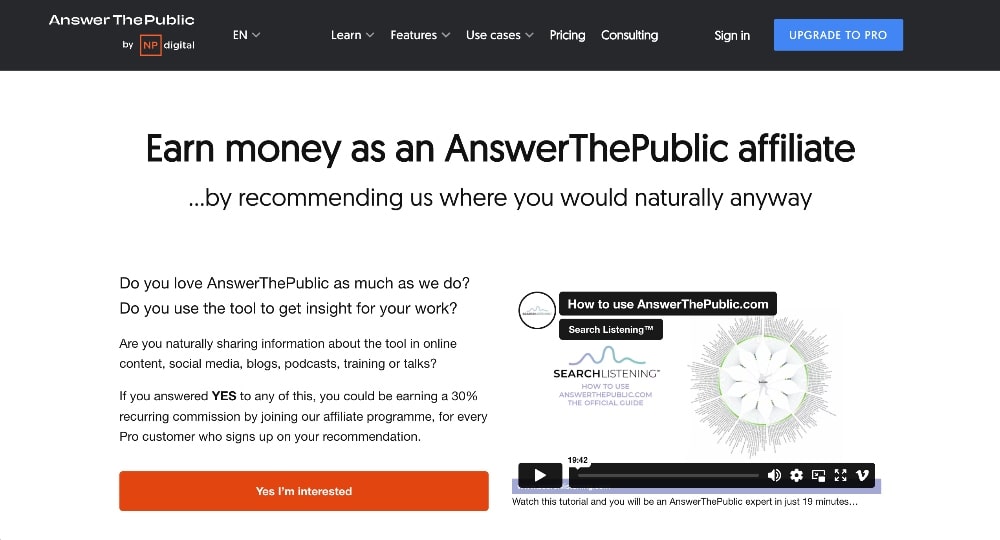 AnswerThePublic affiliate program screenshot