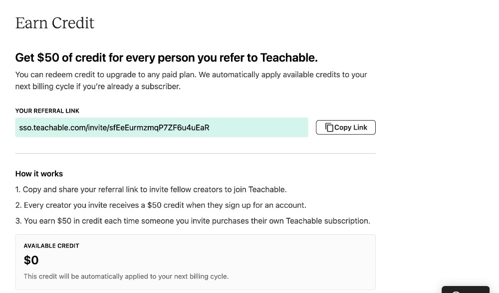 Teachable referral program screenshot