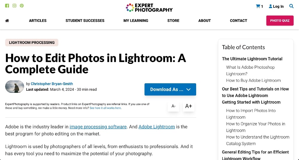 screenshot of Expert Photography blog post example