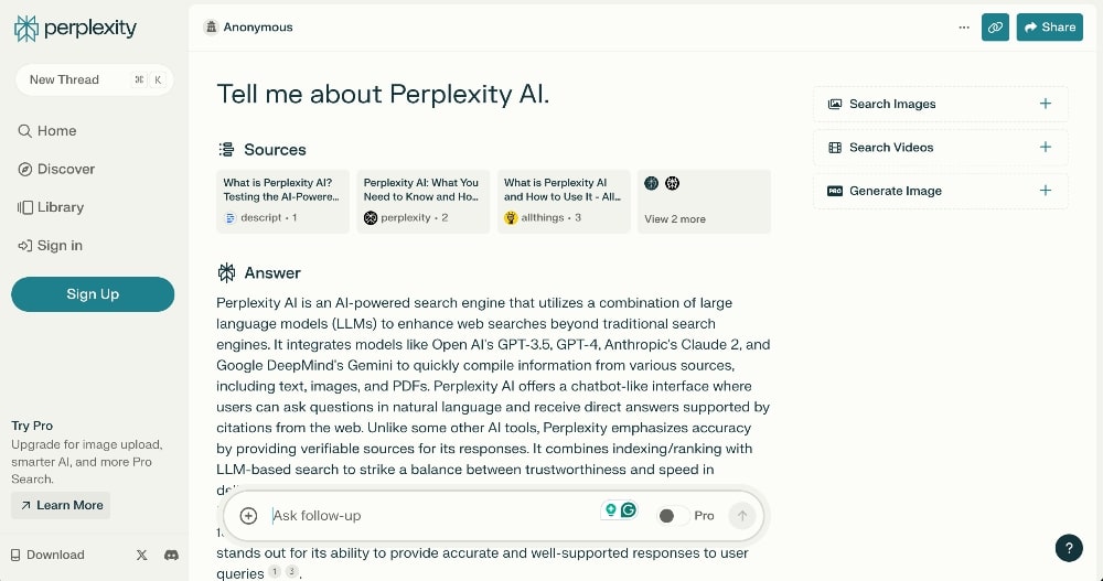 Perplexity AI chat dashboard