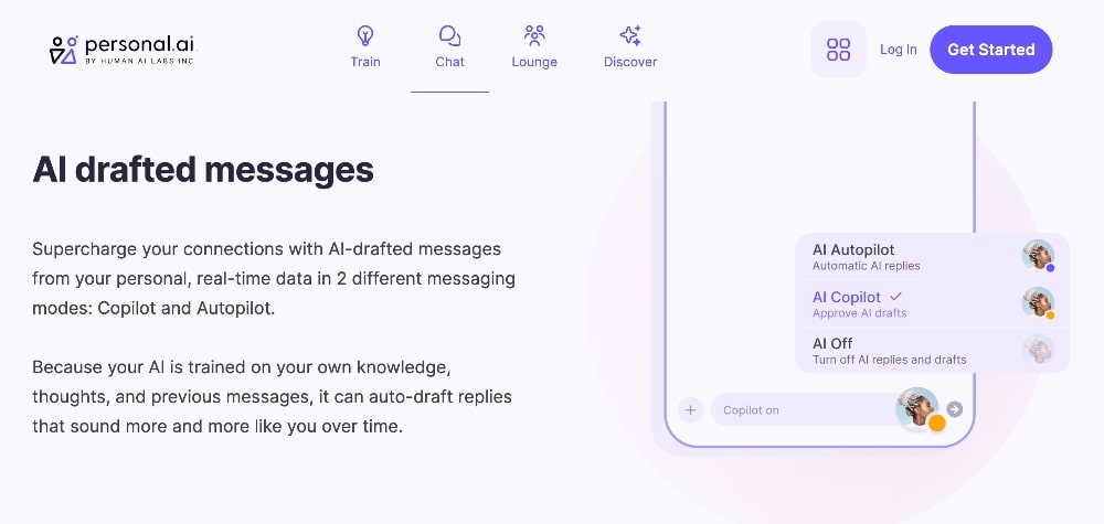 Personal AI chat features screenshot