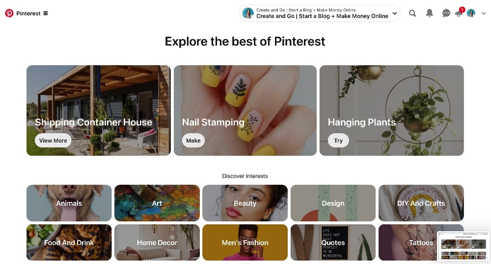 screenshot of Pinterest ideas for categories