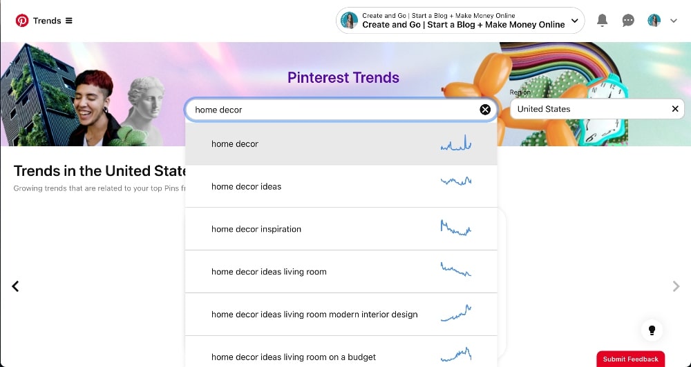 screenshot of Pinterest trends chart for specific keywords
