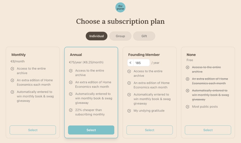 Substack subscription plan example