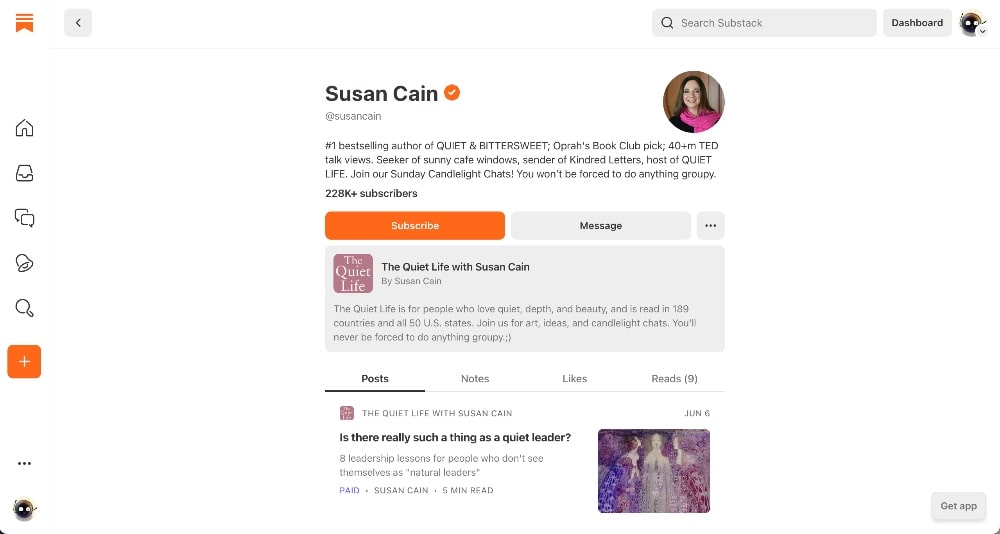 Susan Cain Substack profile example