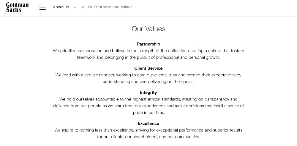 Goldman Sachs company values