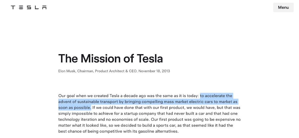 Tesla mission statement