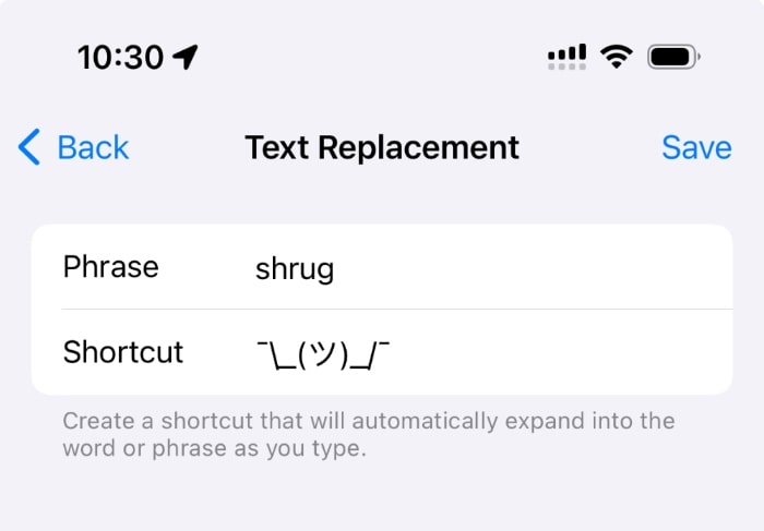 symbol for person shrugging in iPhone text shortcut