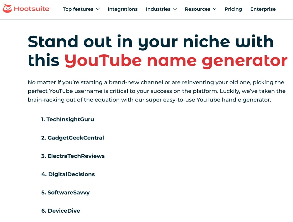 Example results from Hootsuite's YouTube channel name generator