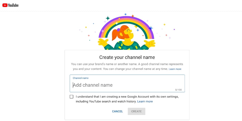 Screenshot from YouTube's page on how to create a YouTube channel name