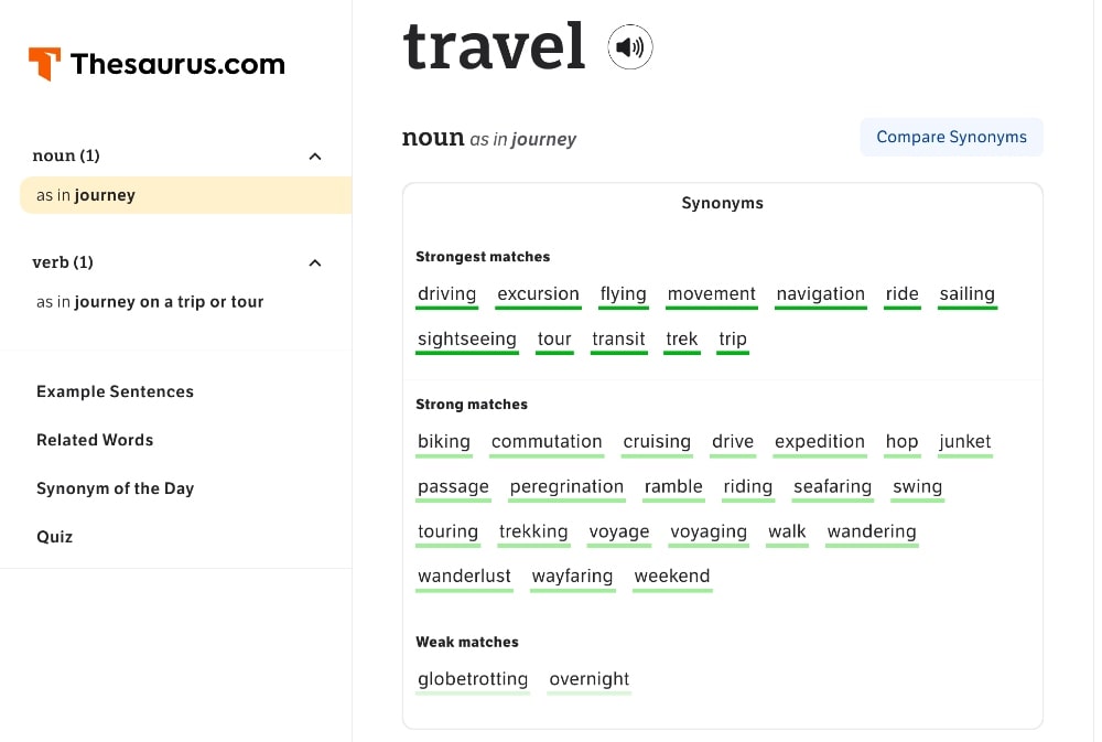 Example of how to use thesaurus.com to find words similar to "travel"