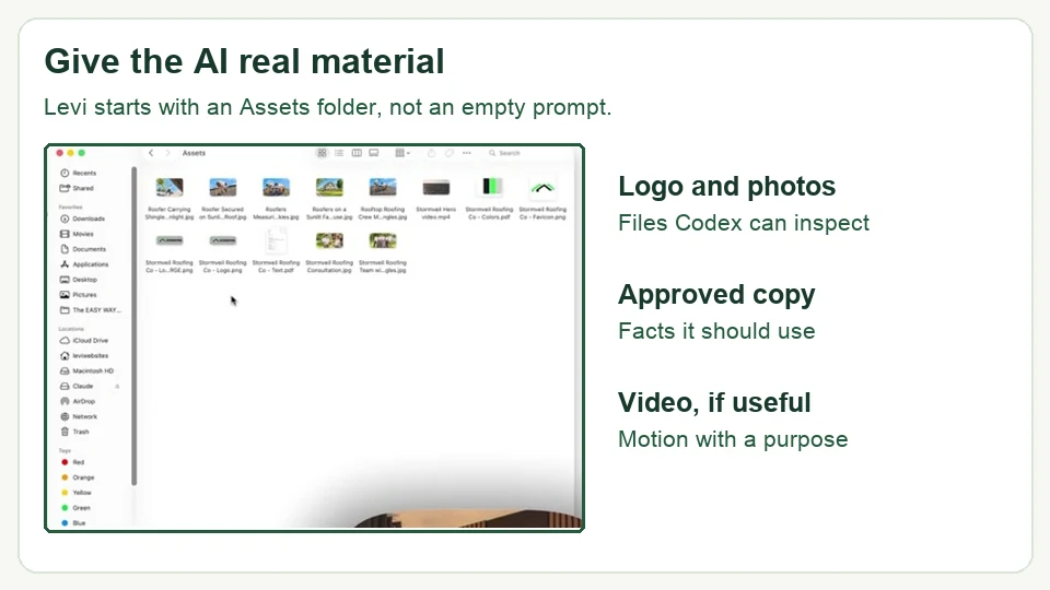 Levi’s real source files for the roofing website, including logo and photos, with a brief checklist