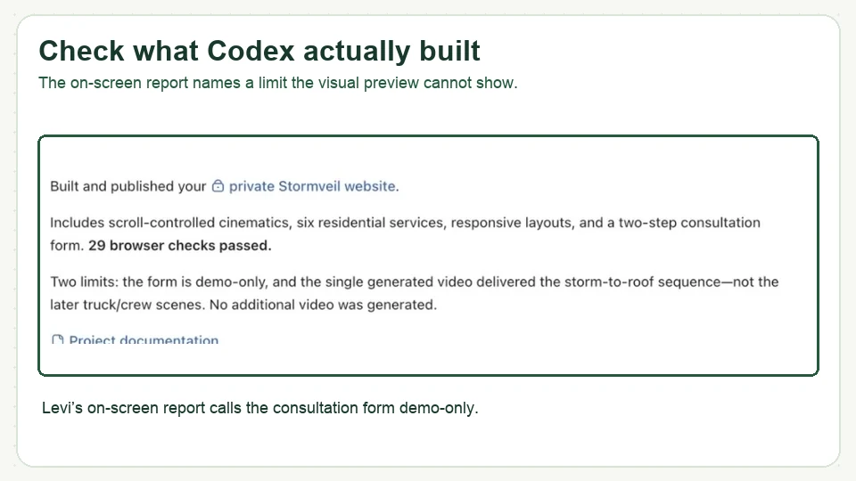 Screenshot of Codex build report for AI website, with demo-only consultation form noted