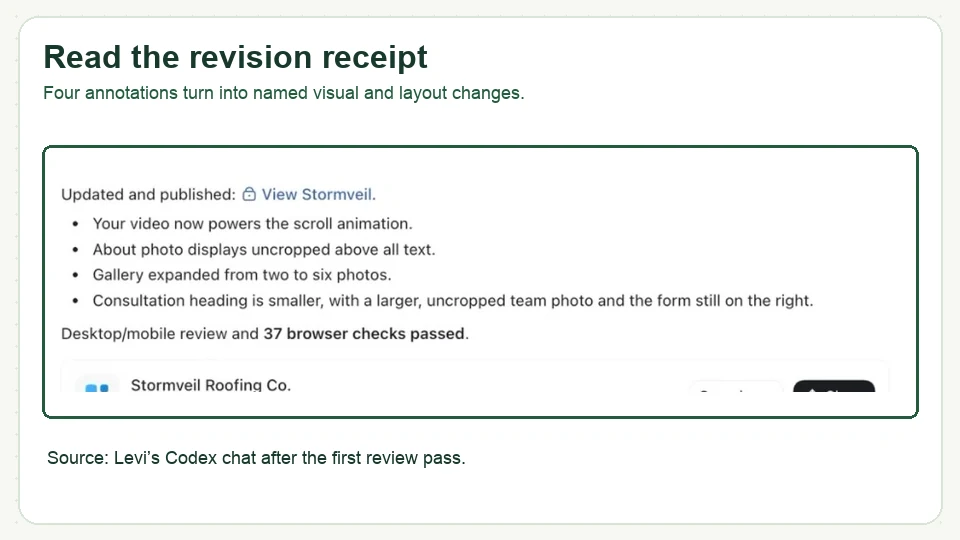 Screenshot of Codex chat listing website revisions after four preview annotations