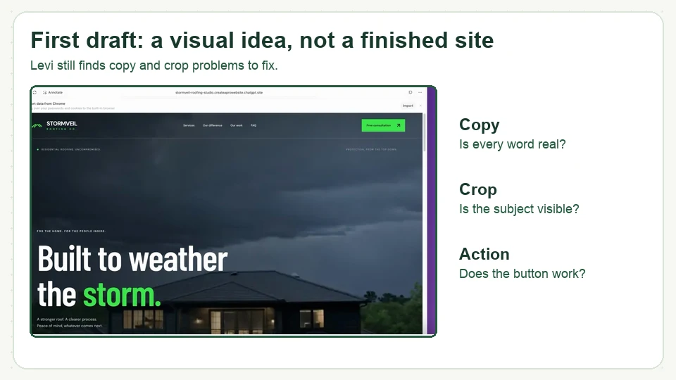 Real first draft of Stormveil Roofing AI website and review checks for copy, crop, and action