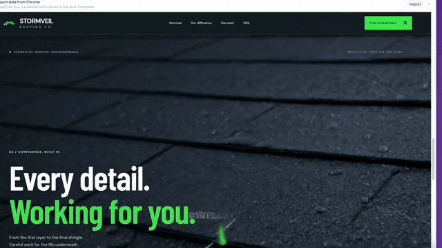 Animated screen capture from Levi’s first AI website draft: roof footage scrolls behind distorted copy