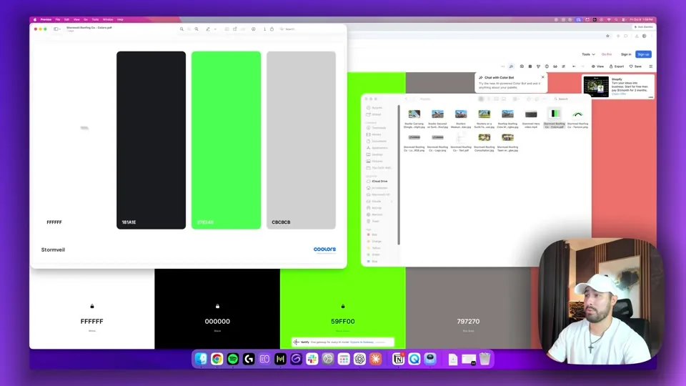 Levi displays Stormveil Roofing brand colors and prepared source files beside the website project