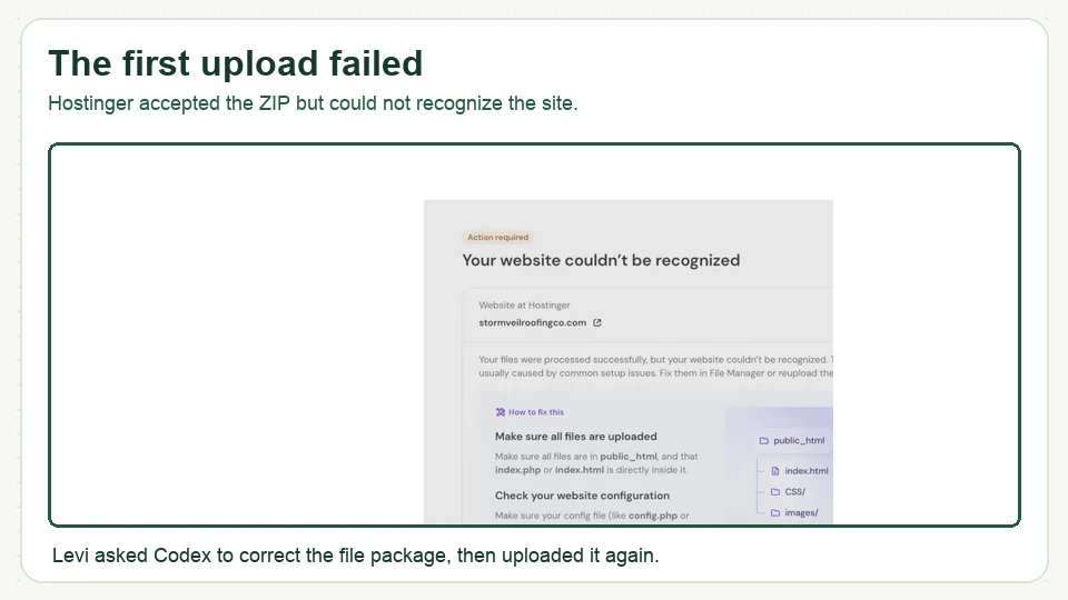 Screenshot of Hostinger upload error during AI website publication and the repair path